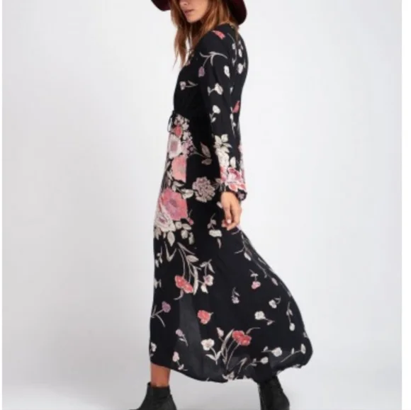 Billabong Desi Kimono Maxi Dress V Neck Button Front Floral Print Black Med NWT - Picture 13 of 16